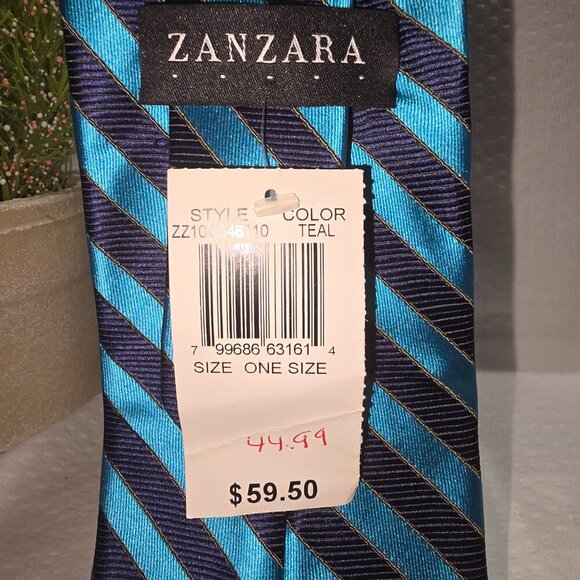 VINTAGE ZANZARA MENS TIE 100% SILK DIAGONAL STRIPES NAVY AND TEAL BLUE NWT - Picture 4 of 6